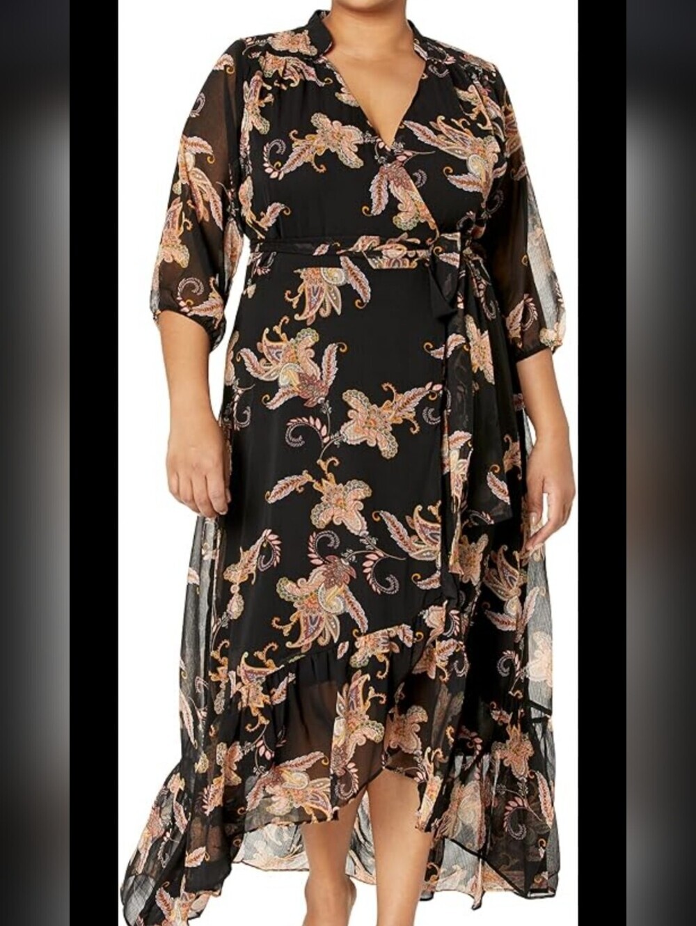 City Chic Black Sweet Paisley Hi-Lo Wrap Ruffle Maxi Dress Plus Size 18